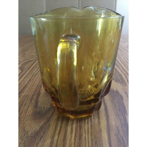 Vintage Glass Pitcher Amber 7” Mid Century Modern 1 1/2 Quarts Large Thumbprint - Picture 10 of 11